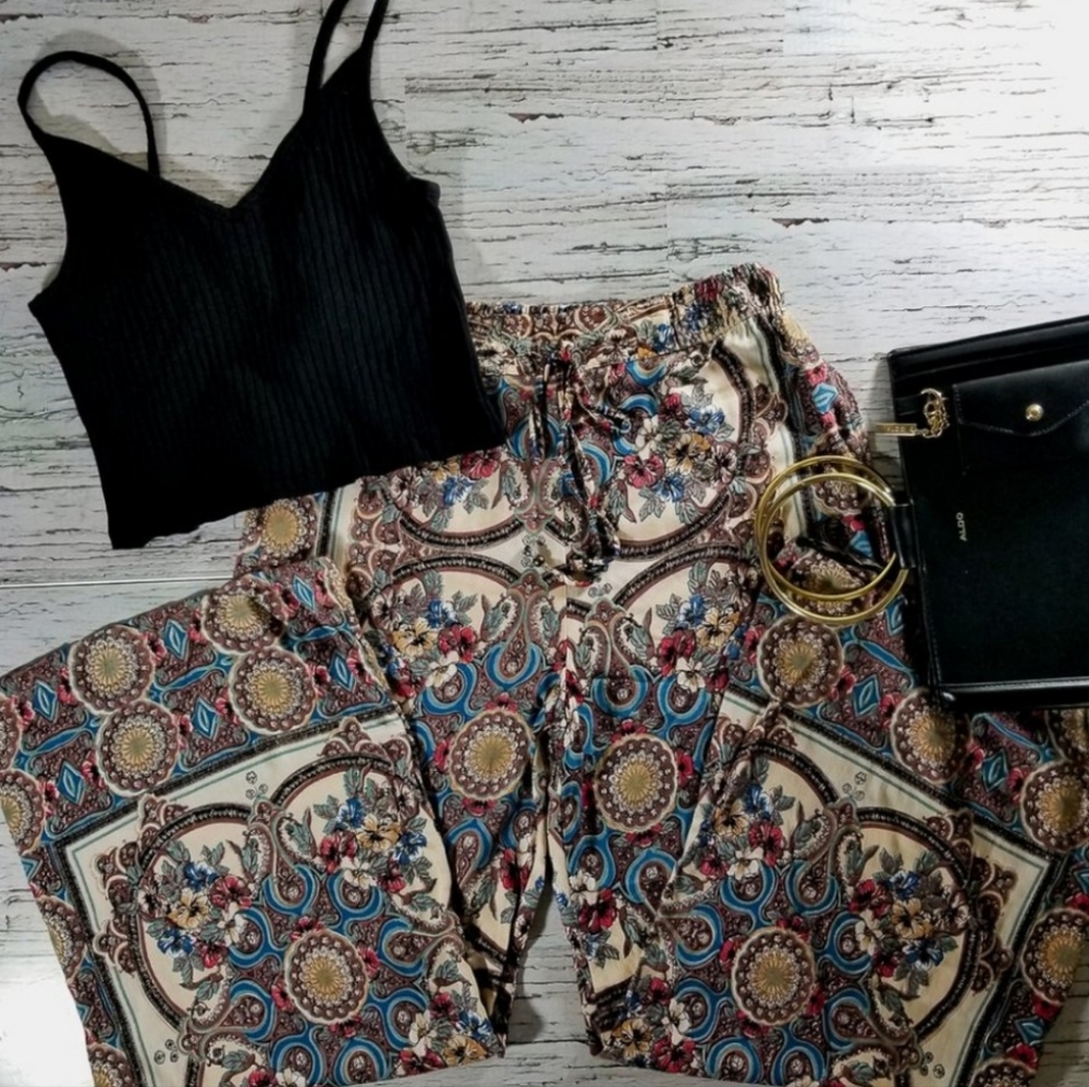 S angie high waisted palazzo pants hippie boho floral elastic waist and cuff